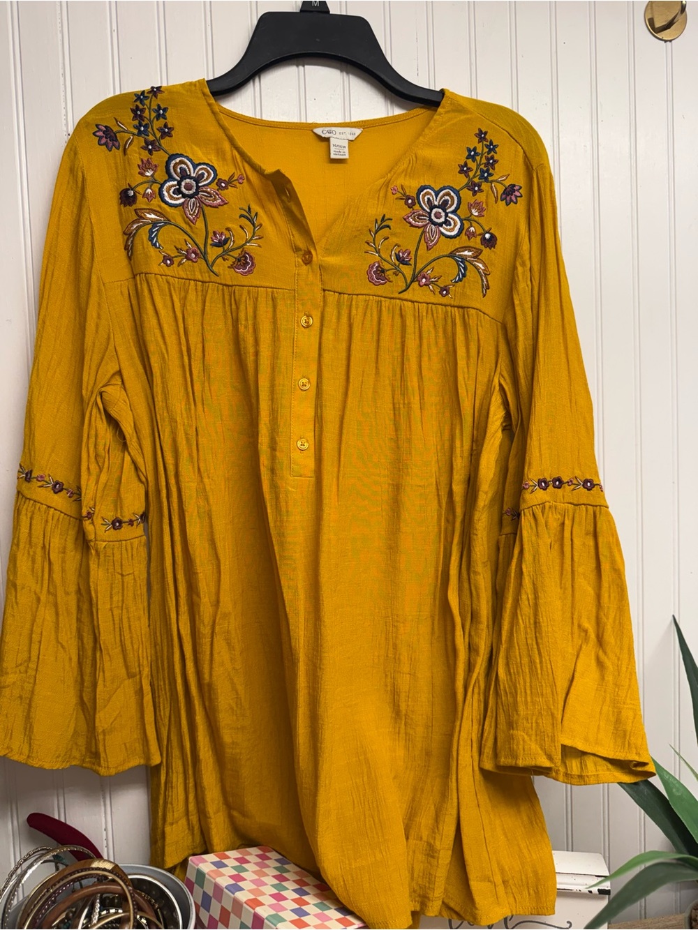 Cato Mustard Embroidered Button-Front Tunic